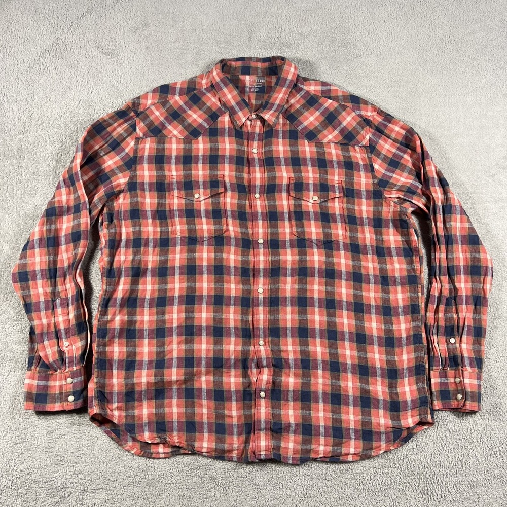 Lucky Brand Shirt Mens 2XL Linen Baird McNutt Plaid Blue Red Pearl Snap Western